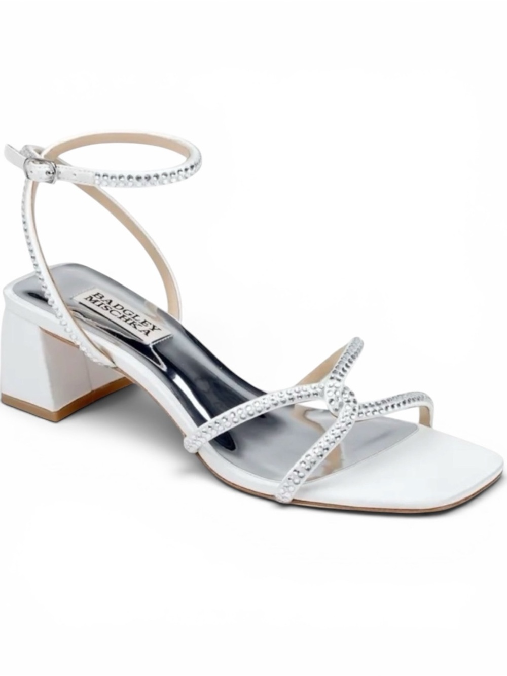 BADGLEY MISCHKA BRISA WHITE CRYSTAL OPEN TOE BRIDAL SANDAL ANKLE WRAP HEEL